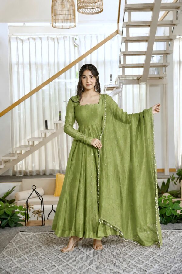 Pista Color Salsa Silk Fabric Foil Work Gown