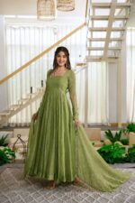 Pista Color Salsa Silk Fabric Foil Work Gown