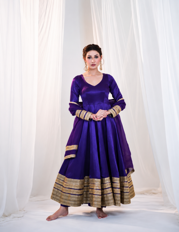 Purple Color Heavy Silk Fabric Sequence With Embroidery Coding Work Gown