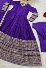 Purple Color Heavy Silk Fabric Sequence With Embroidery Coding Work Gown