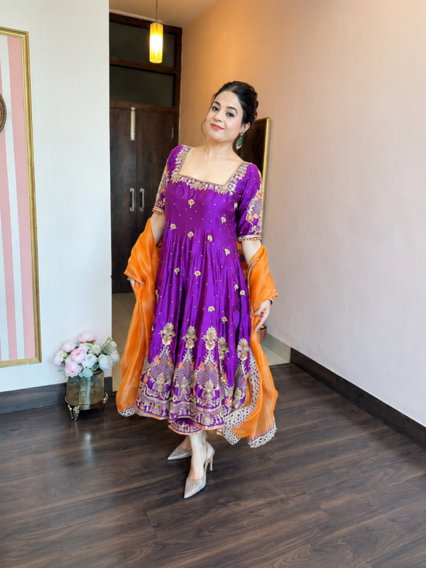Purple Color Heavy Silk Fabric Sequence With Jari Embroidery Work Gown