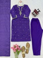Purple Color Satin Georgette Fabric Digital Print With Sequence Work Suit