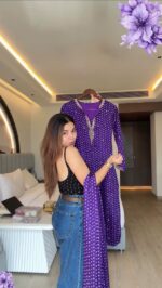 Purple Color Satin Georgette Fabric Digital Print With Sequence Work Suit