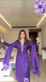Purple Color Satin Georgette Fabric Digital Print With Sequence Work Suit