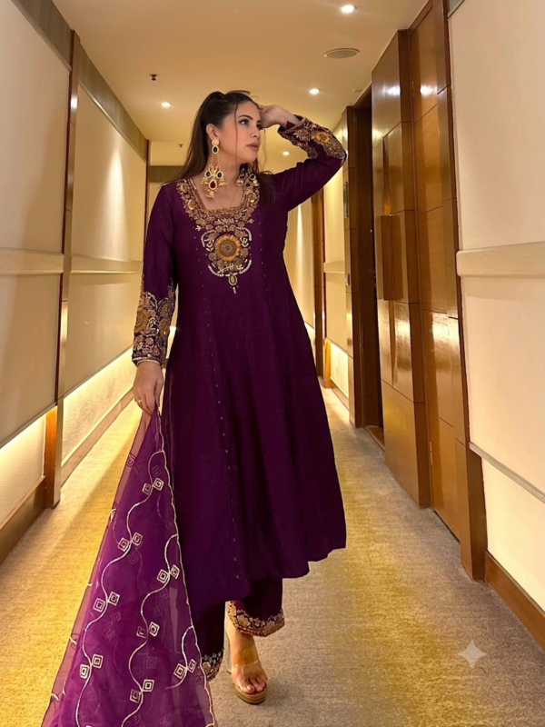 Purple Color Vichitra Silk Fabric Sequence With Jari Embroidery Work Anarkali Suit