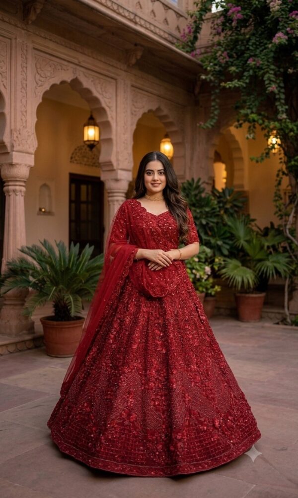 Red Color Net Fabric Sequence With Pearl Bead Work Lehenga