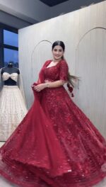 Red Color Net Fabric Sequence With Pearl Bead Work Lehenga