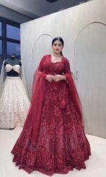 Red Color Net Fabric Sequence With Pearl Bead Work Lehenga
