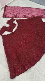 Red Color Net Fabric Sequence With Pearl Bead Work Lehenga