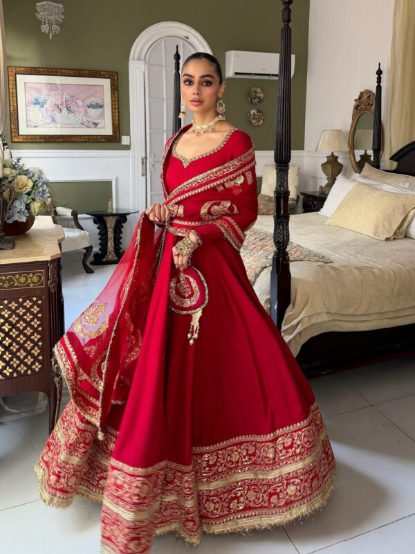 Red Color Vichitra Silk Fabric Thread With Sequence Work Anarkali Suit