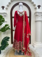 Red Color Vichitra Silk Fabric Thread With Sequence Work Anarkali Suit