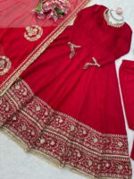 Red Color Vichitra Silk Fabric Thread With Sequence Work Anarkali Suit