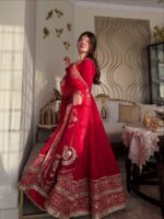 Red Color Vichitra Silk Fabric Thread With Sequence Work Anarkali Suit