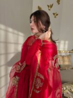 Red Color Vichitra Silk Fabric Thread With Sequence Work Anarkali Suit