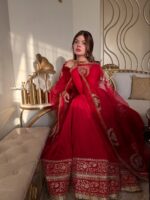 Red Color Vichitra Silk Fabric Thread With Sequence Work Anarkali Suit