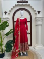 Red Color Vichitra Silk Fabric Thread With Sequence Work Anarkali Suit