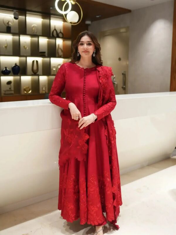 Red Color Vichitra Silk Fabric Thread With Sequence Work Anarkali Suit