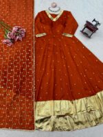 Rust Color Vichitra Silk Fabric Thread With Sequence Work Lehenga Anarkali Suit