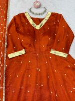 Rust Color Vichitra Silk Fabric Thread With Sequence Work Lehenga Anarkali Suit