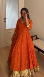 Rust Color Vichitra Silk Fabric Thread With Sequence Work Lehenga Anarkali Suit