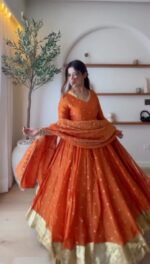 Rust Color Vichitra Silk Fabric Thread With Sequence Work Lehenga Anarkali Suit