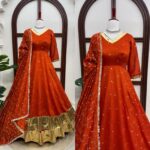 Rust Color Vichitra Silk Fabric Thread With Sequence Work Lehenga Anarkali Suit