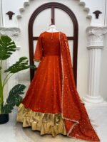 Rust Color Vichitra Silk Fabric Thread With Sequence Work Lehenga Anarkali Suit