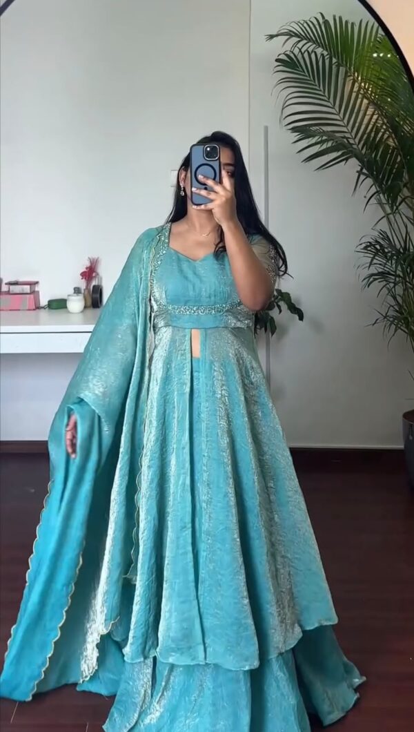 Sky Blue Color Fendi Crush Fabric Hand Work Anarkali Palazzo Suit