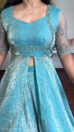 Sky Blue Color Fendi Crush Fabric Hand Work Anarkali Palazzo Suit