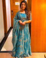 Sky Color Salsa Silk Fabric Sequence With Stone Work Gown