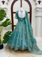 Sky Color Salsa Silk Fabric Sequence With Stone Work Gown