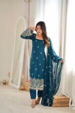 Teal Blue Color Faux Georgette Fabric Sequence With Bead Work Suit