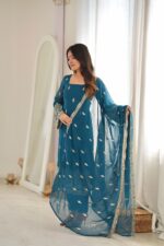 Teal Blue Color Faux Georgette Fabric Sequence With Bead Work Suit