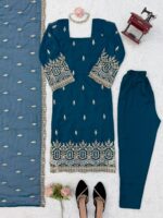 Teal Blue Color Faux Georgette Fabric Sequence With Bead Work Suit
