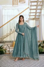 Teal Blue Color Salsa Silk Fabric Foil Work Gown