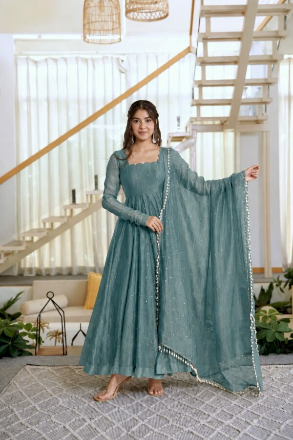 Teal Blue Color Salsa Silk Fabric Foil Work Gown