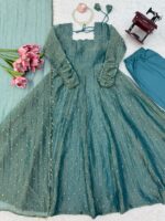 Teal Blue Color Salsa Silk Fabric Foil Work Gown