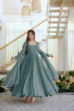 Teal Blue Color Salsa Silk Fabric Foil Work Gown
