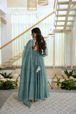 Teal Blue Color Salsa Silk Fabric Foil Work Gown