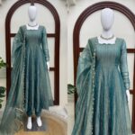 Teal Blue Color Salsa Silk Fabric Foil Work Gown