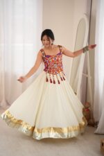 White Color Heavy Rayon Fabric Lagdi Patta Lace Work Navratri Lehenga