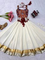 White Color Heavy Rayon Fabric Lagdi Patta Lace Work Navratri Lehenga
