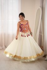 White Color Heavy Rayon Fabric Lagdi Patta Lace Work Navratri Lehenga