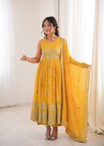 Yellow Color Faux Georgette Fabric Embroidery With Sequence Work Anarkali Suit