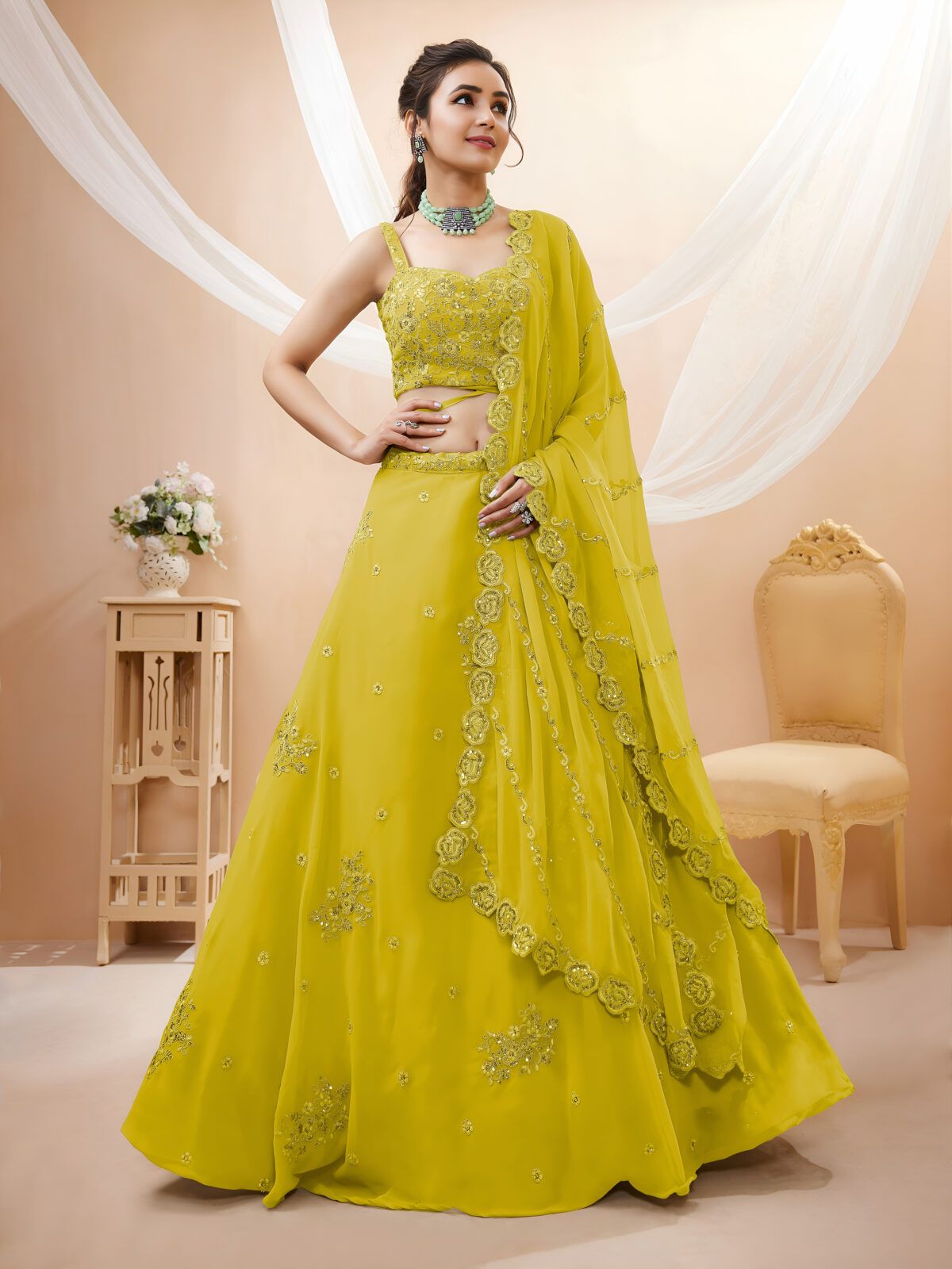 Yellow Color Georgette Fabric Sequence With Jari Work Lehenga