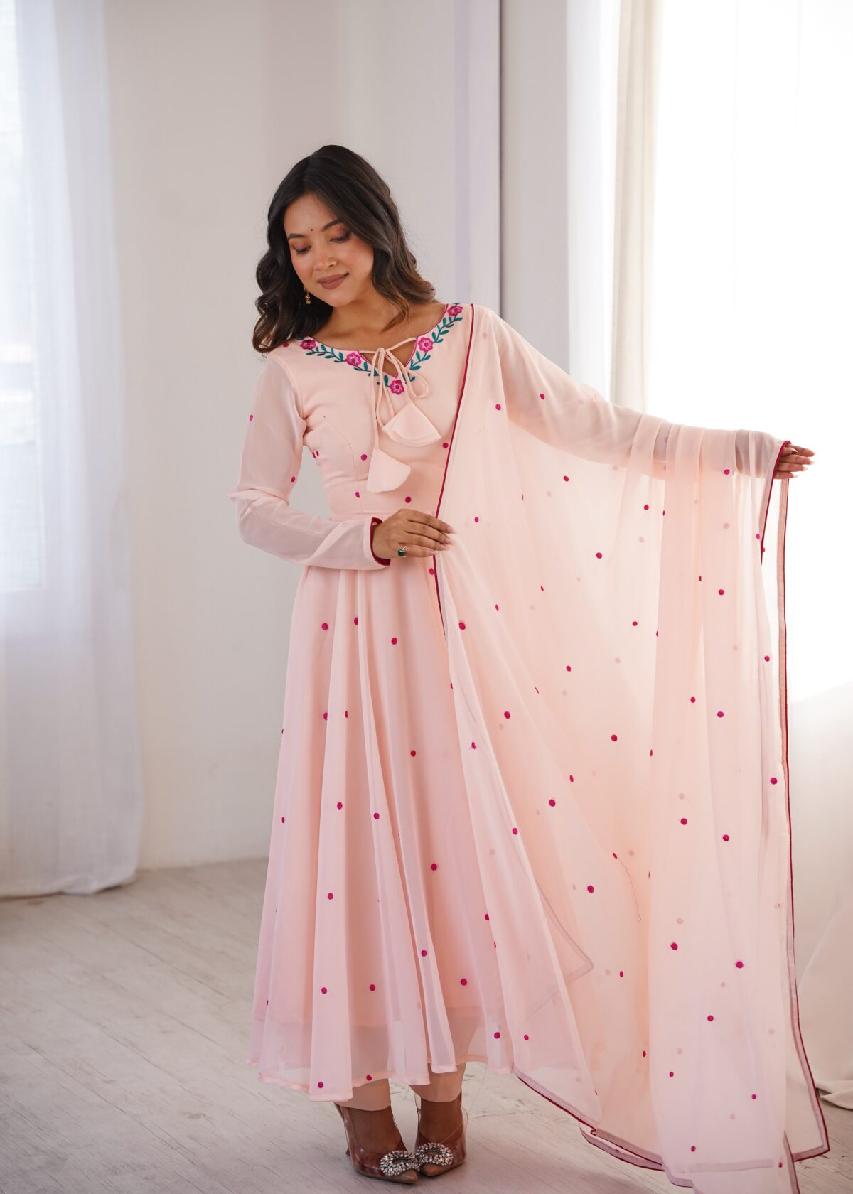 Baby Pink Color Faux Georgette Fabric Embroidery Thread Work Anarkali Suit