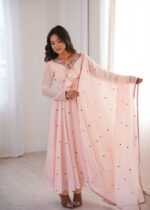 Baby Pink Color Faux Georgette Fabric Embroidery Thread Work Anarkali Suit