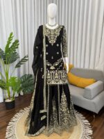 Black Color Faux Georgette Fabric Thread With Sequence Work Palazzo Suit