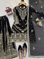 Black Color Faux Georgette Fabric Thread With Sequence Work Palazzo Suit