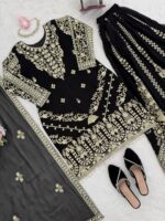 Black Color Faux Georgette Fabric Thread With Sequence Work Palazzo Suit